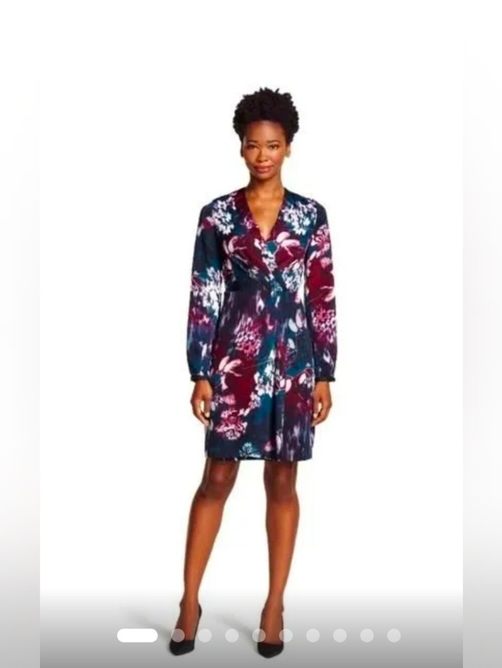 Adrianna Papell Floral Long-Sleeve Faux Wrap Dress in Navy & Burgundy - Size 12